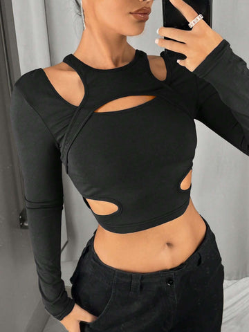 Solid Color Cropped Hollow Out T-Shirt