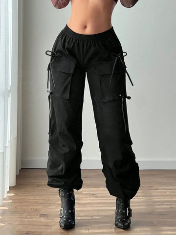 ICON Solid Color Elastic Waist Cargo Pants With Flap Pockets