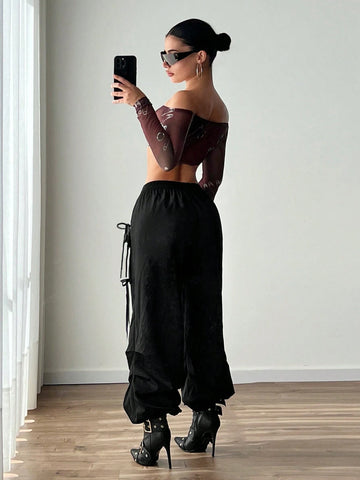 ICON Solid Color Elastic Waist Cargo Pants With Flap Pockets