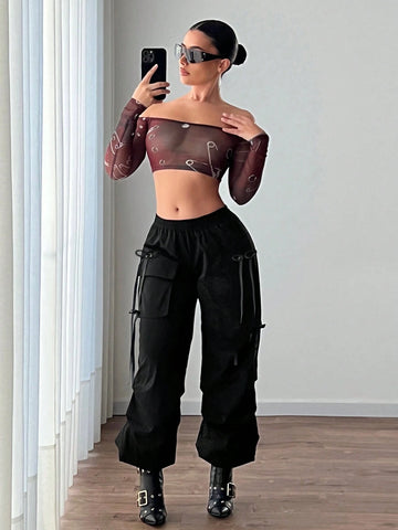 ICON Solid Color Elastic Waist Cargo Pants With Flap Pockets