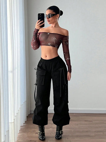 ICON Solid Color Elastic Waist Cargo Pants With Flap Pockets