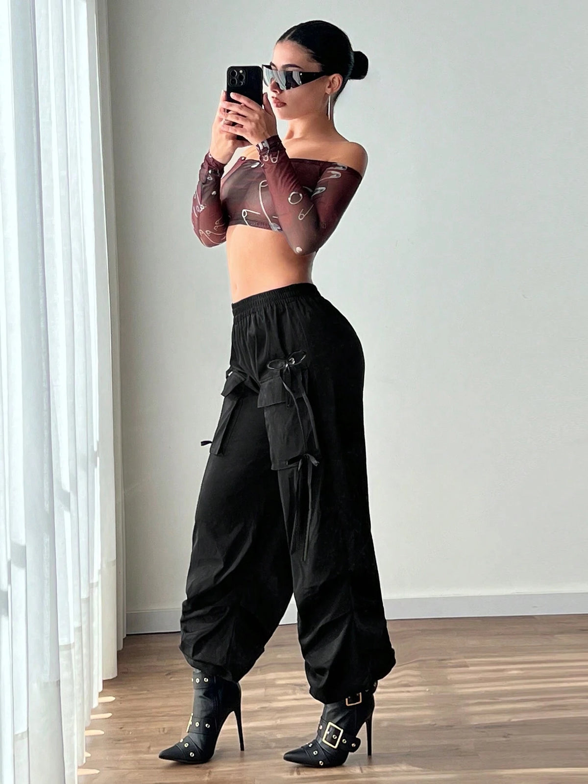ICON Solid Color Elastic Waist Cargo Pants With Flap Pockets