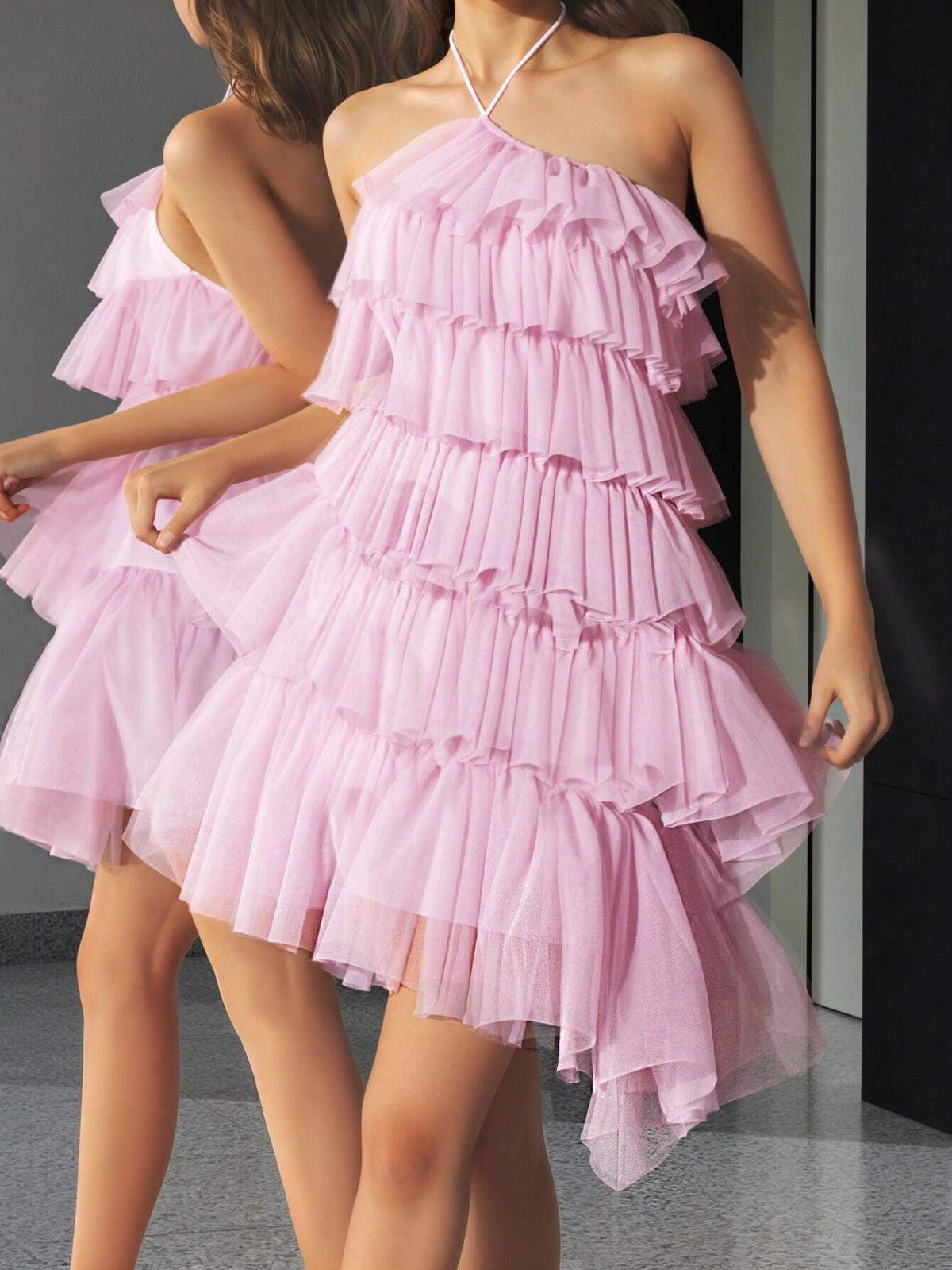 Solid Color Halter Neck Multi-Layer Mesh Patchwork Backless Sleeveless Midi Dress