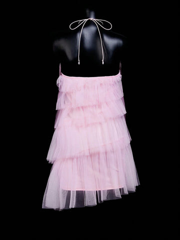 Solid Color Halter Neck Multi-Layer Mesh Patchwork Backless Sleeveless Midi Dress