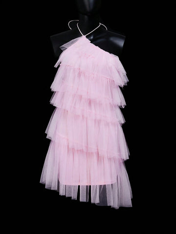 Solid Color Halter Neck Multi-Layer Mesh Patchwork Backless Sleeveless Midi Dress