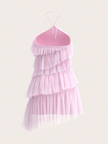 Solid Color Halter Neck Multi-Layer Mesh Patchwork Backless Sleeveless Midi Dress