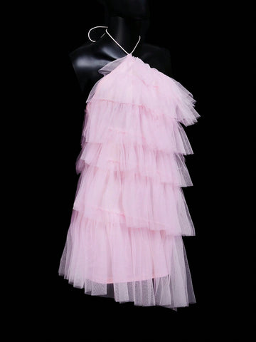 Solid Color Halter Neck Multi-Layer Mesh Patchwork Backless Sleeveless Midi Dress