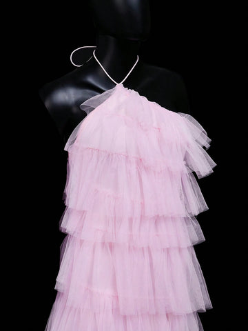 Solid Color Halter Neck Multi-Layer Mesh Patchwork Backless Sleeveless Midi Dress