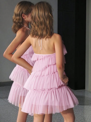 Solid Color Halter Neck Multi-Layer Mesh Patchwork Backless Sleeveless Midi Dress