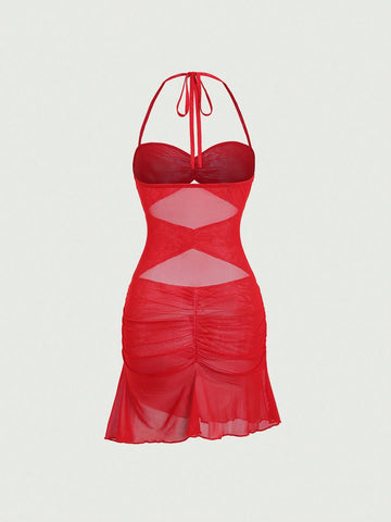 Solid Color Hollow Out Pleated Backless Sleeveless Dress