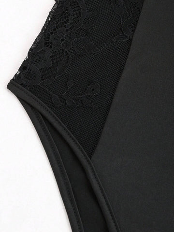 Solid Color Lace Splice Sleeveless Jumpsuit With Thin Shoulder Straps