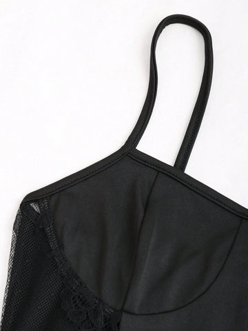 Solid Color Lace Splice Sleeveless Jumpsuit With Thin Shoulder Straps