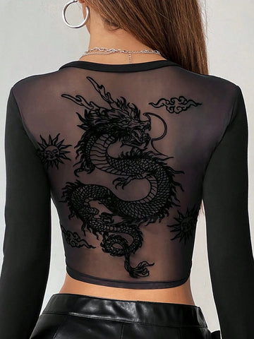 Solid Color Long Sleeve Chinese Dragon Net Mesh Backless Y2K Going Out Fall Graphics Woman Black T-Shirt