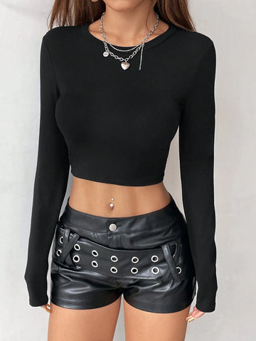 Solid Color Long Sleeve Chinese Dragon Net Mesh Backless Y2K Going Out Fall Graphics Woman Black T-Shirt
