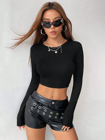 Solid Color Long Sleeve Chinese Dragon Net Mesh Backless Y2K Going Out Fall Graphics Woman Black T-Shirt