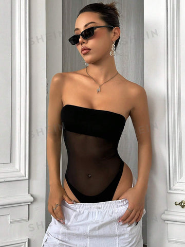 Solid Color Mesh See-Through Strapless Bodysuit