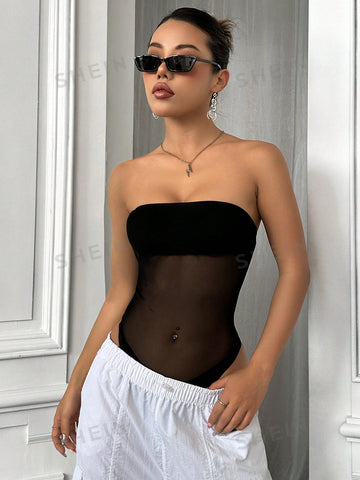 Solid Color Mesh See-Through Strapless Bodysuit