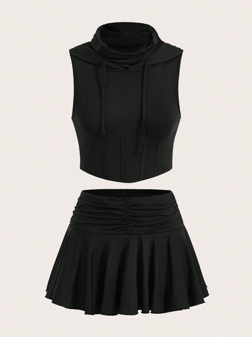 Solid Crop Tank Top & Skirt