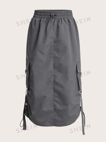 ICON Solid Drawstring Waist Flap Pocket Cargo Skirt