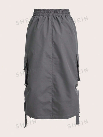 ICON Solid Drawstring Waist Flap Pocket Cargo Skirt
