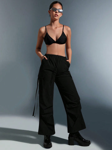ICON Solid Flap Slant Pocket Side Drawstring Waist Cargo Pants