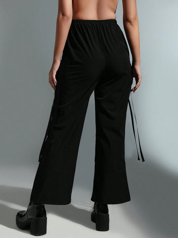ICON Solid Flap Slant Pocket Side Drawstring Waist Cargo Pants