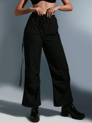 ICON Solid Flap Slant Pocket Side Drawstring Waist Cargo Pants