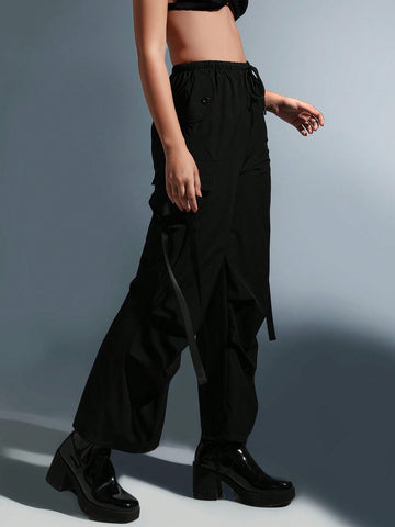 ICON Solid Flap Slant Pocket Side Drawstring Waist Cargo Pants