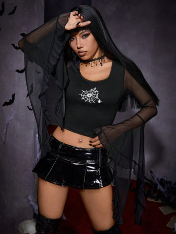 Spider Web Print Contrast Mesh Crop Tee