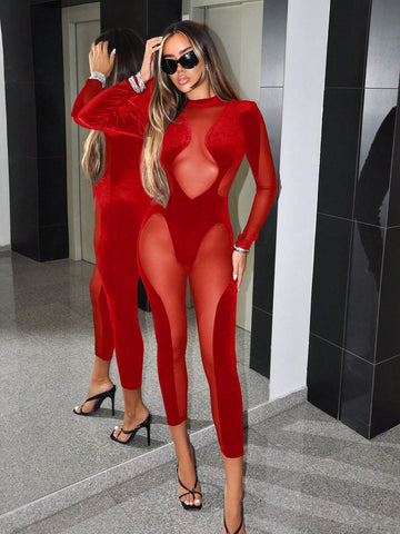 Stand Collar Asymmetric Net Mesh Splice Tight Jumpsuit