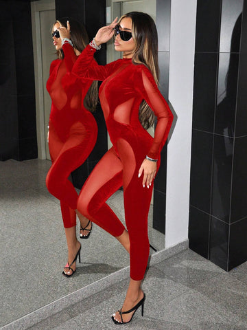 Stand Collar Asymmetric Net Mesh Splice Tight Jumpsuit