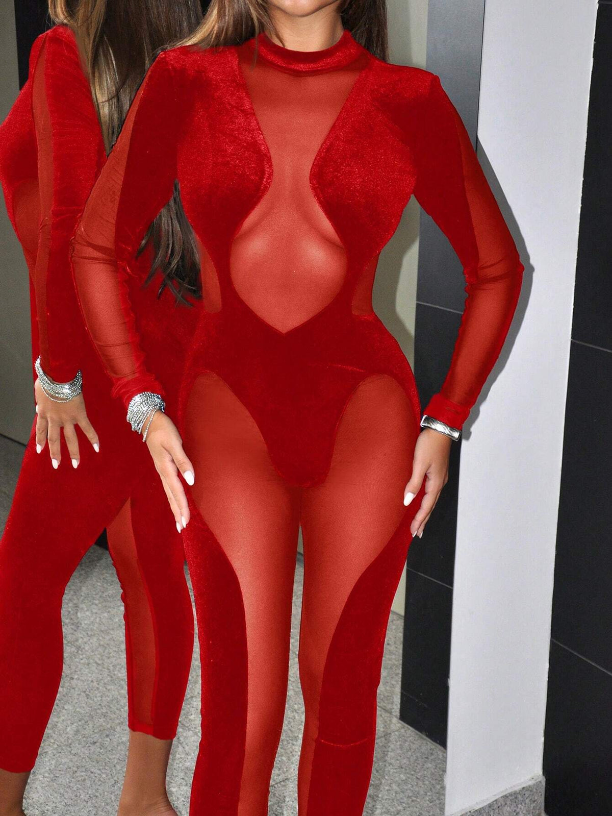 Stand Collar Asymmetric Net Mesh Splice Tight Jumpsuit