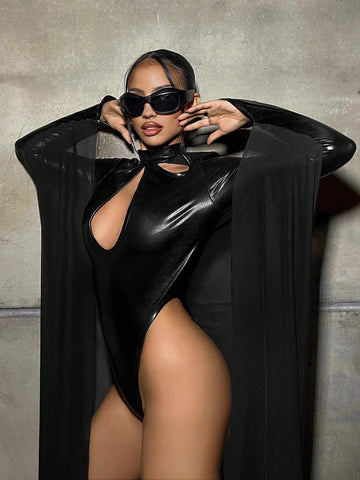 Stand Collar Hollow Bust Mesh Patchwork Goth Tight Bodysuit