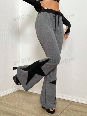 ICON Star Print Colorblock Drawstring Waist Flare Leg Sweatpants