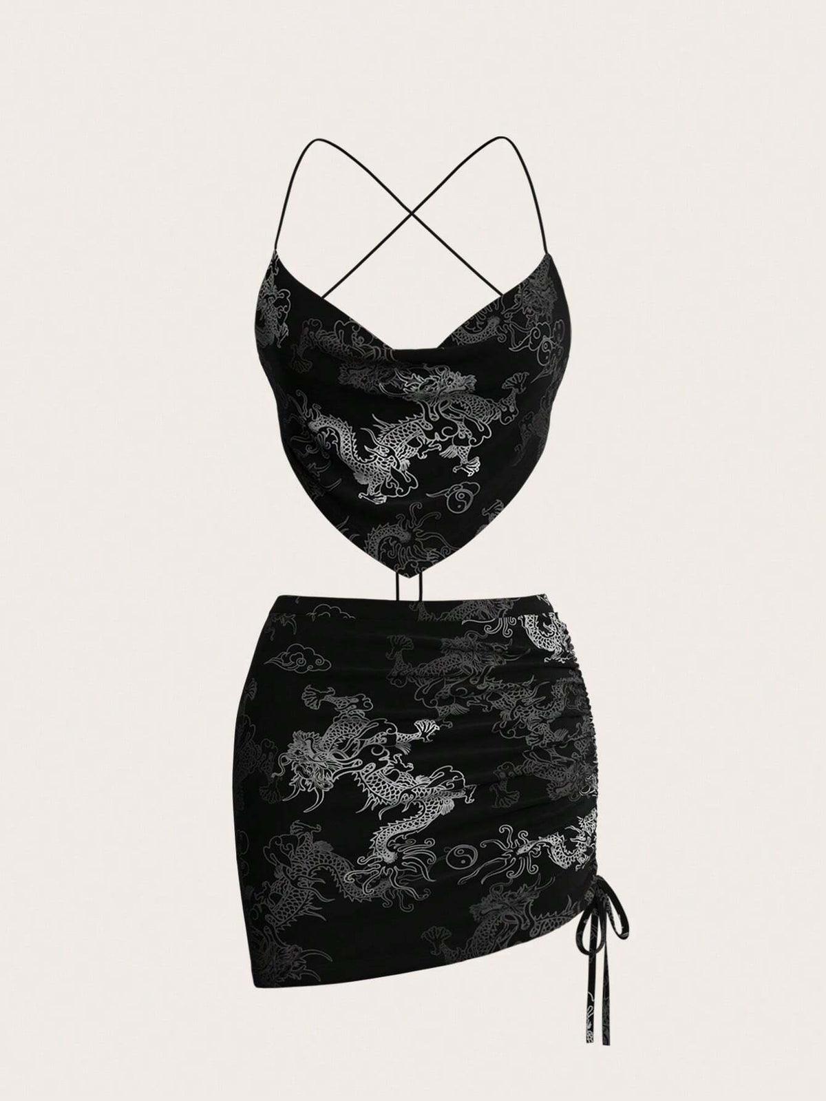 Strap Backless Tank Top & Low Waist Irregular Skirt Y2K Off-The-Shoulder Black Set