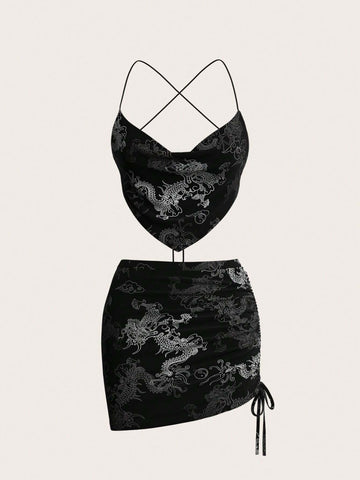 Strap Backless Tank Top & Low Waist Irregular Skirt Y2K Off-The-Shoulder Black Set