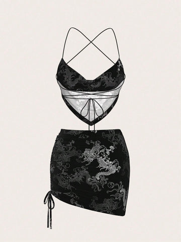 Strap Backless Tank Top & Low Waist Irregular Skirt Y2K Off-The-Shoulder Black Set