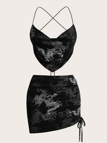 Strap Backless Tank Top & Low Waist Irregular Skirt Y2K Off-The-Shoulder Black Set