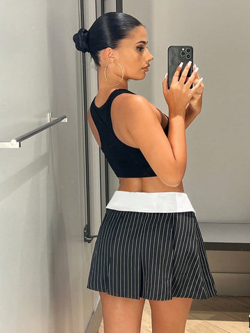 ICON Striped & Letter Graphic Fold Pleated Skirt