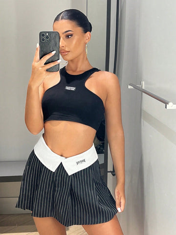 ICON Striped & Letter Graphic Fold Pleated Skirt