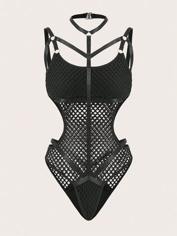Summer Black Sexy Slim-Fit Fishing Net Hollow-Out & Thin Strap Decor Women's Bodysuit