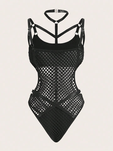 Summer Black Sexy Slim-Fit Fishing Net Hollow-Out & Thin Strap Decor Women's Bodysuit