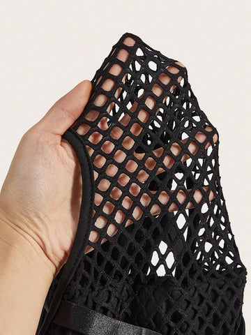 Summer Black Sexy Slim-Fit Fishing Net Hollow-Out & Thin Strap Decor Women's Bodysuit