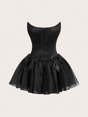 Summer Elegant Sweetheart Ruched Waist Bow Decor Mesh Tulle Skirt