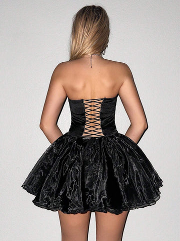 Summer Elegant Sweetheart Ruched Waist Bow Decor Mesh Tulle Skirt