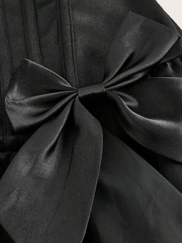 Summer Elegant Sweetheart Ruched Waist Bow Decor Mesh Tulle Skirt