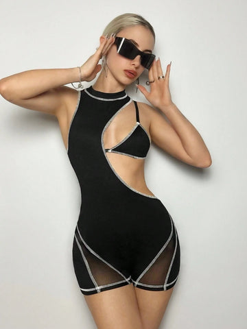 Summer Sexy Colorblock Contrast Stitching Decor Triangle Cup Hollow Out Jumpsuit 2pcs/Set