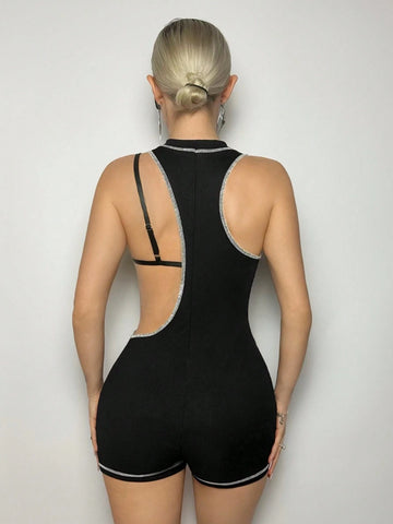 Summer Sexy Colorblock Contrast Stitching Decor Triangle Cup Hollow Out Jumpsuit 2pcs/Set