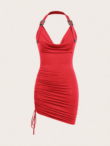 Summer Solid Color Halter Neck Side Drawstring Bodycon Mini Dress