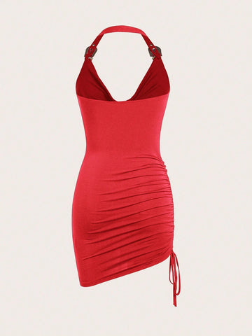 Summer Solid Color Halter Neck Side Drawstring Bodycon Mini Dress